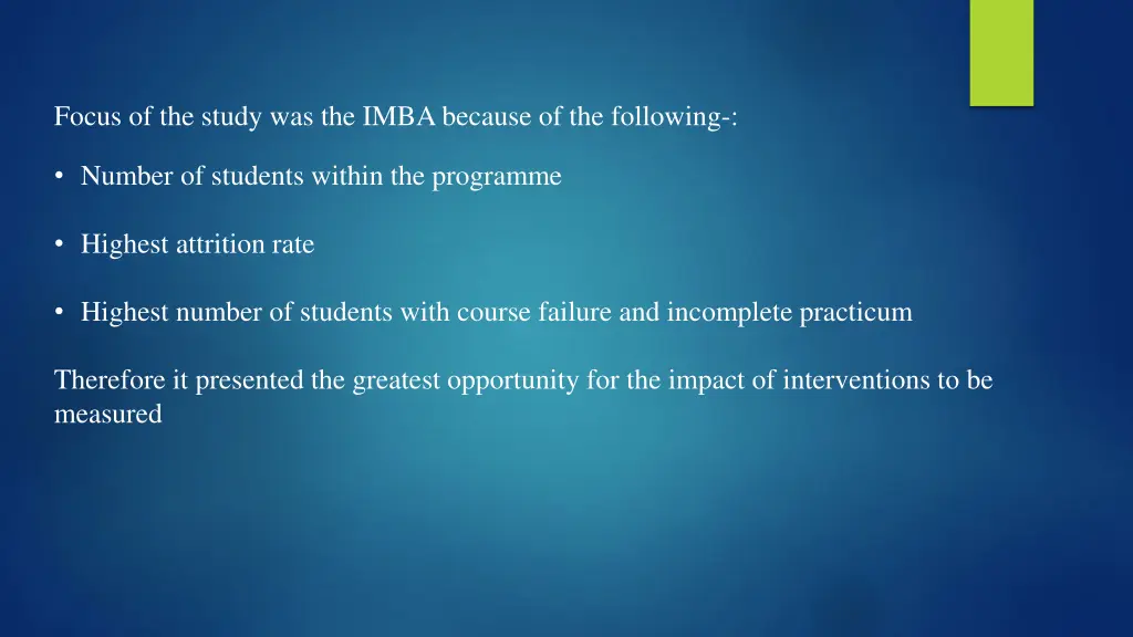 focus of the study was the imba because