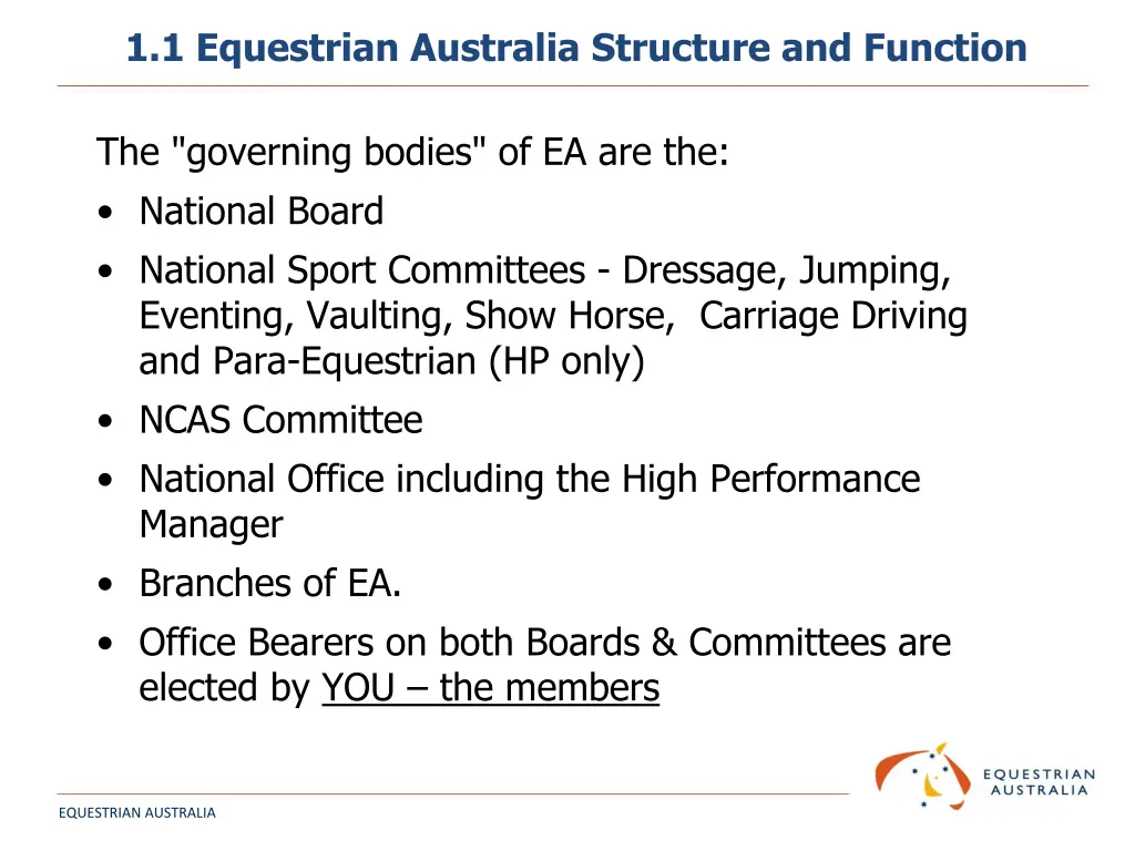 1 1 equestrian australia structure and function