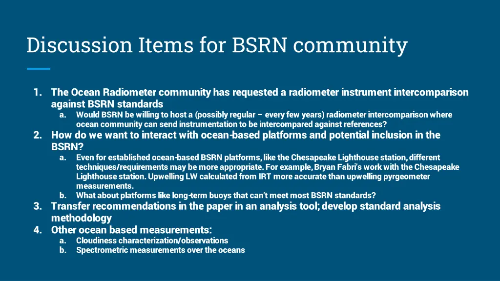 discussion items for bsrn community