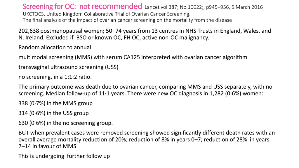 screening for oc not screening