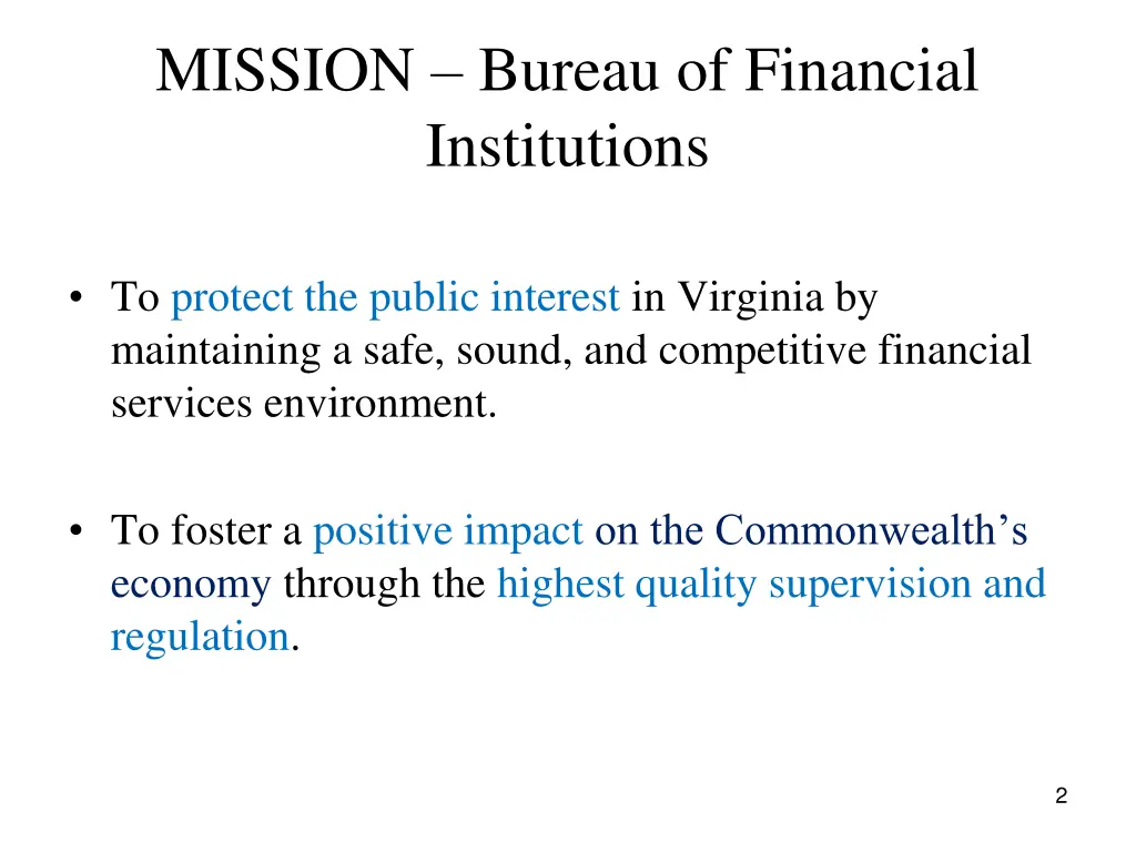 mission bureau of financial institutions