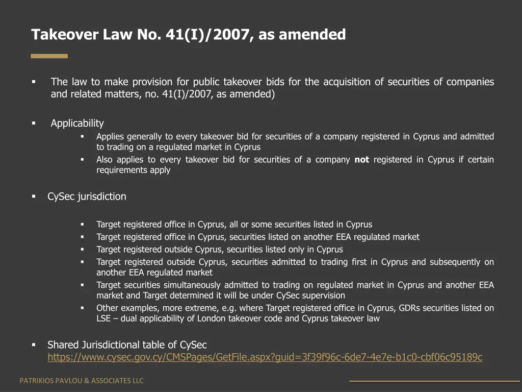 takeover law no 41 i 2007 as amended