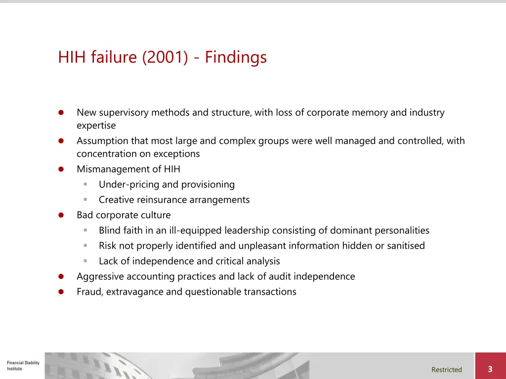 hih failure 2001 findings