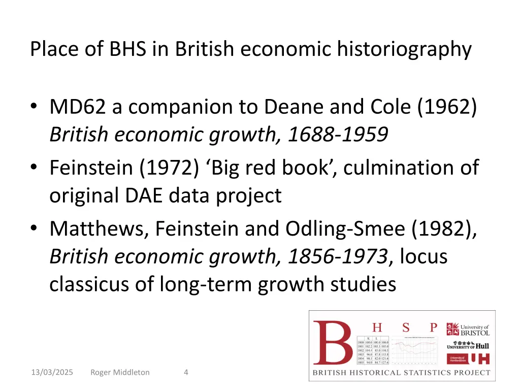 place of bhs in british economic historiography