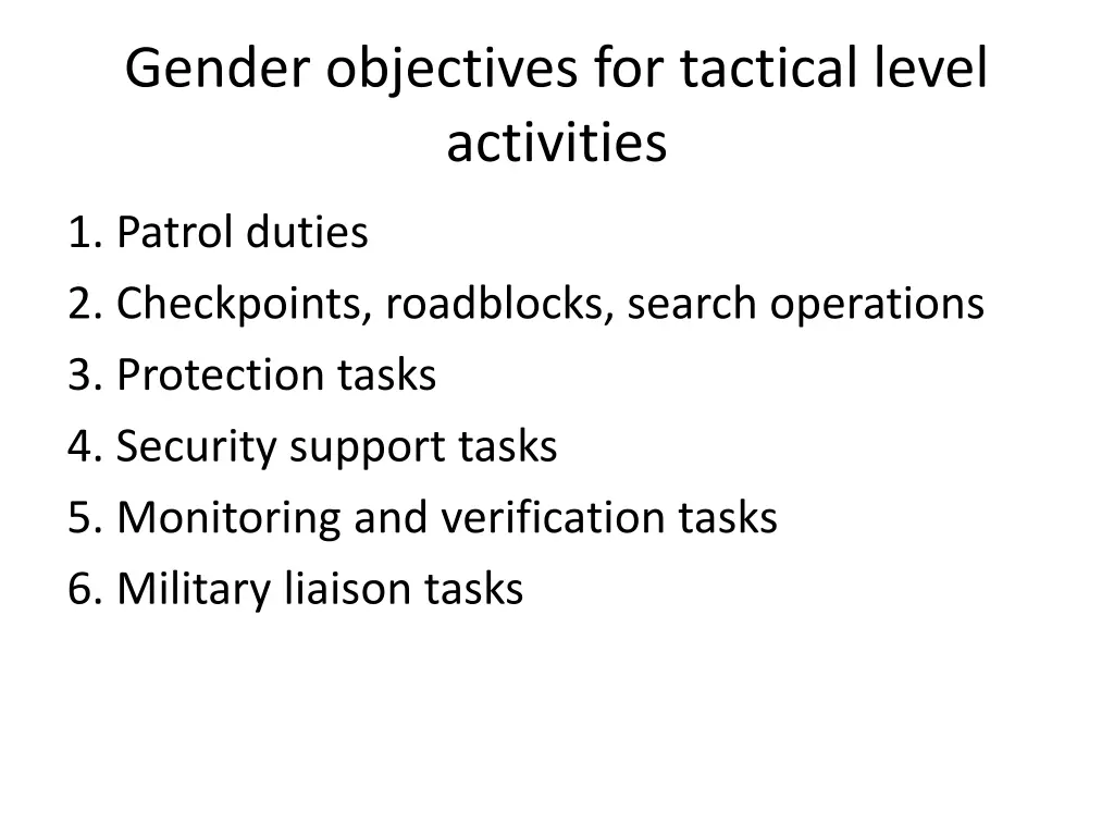 gender objectives for tactical level activities