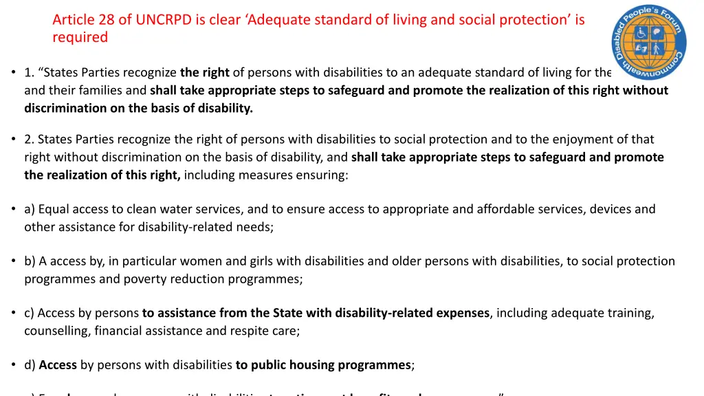 article 28 of uncrpd is clear adequate standard