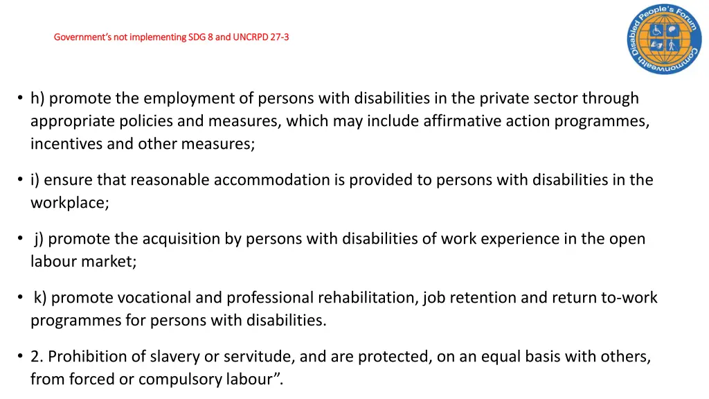 government s not implementing sdg 8 and uncrpd