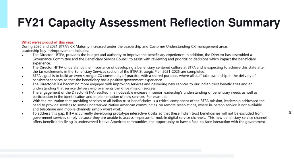 fy21 capacity assessment reflection summary
