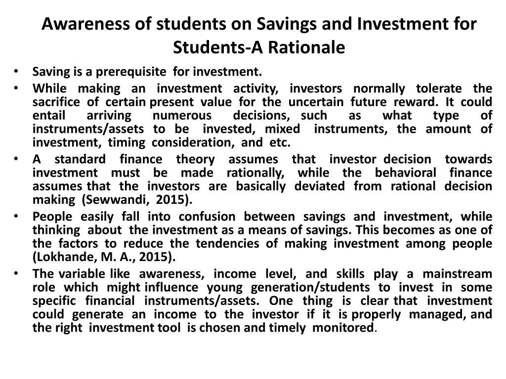 awareness of students on savings and investment