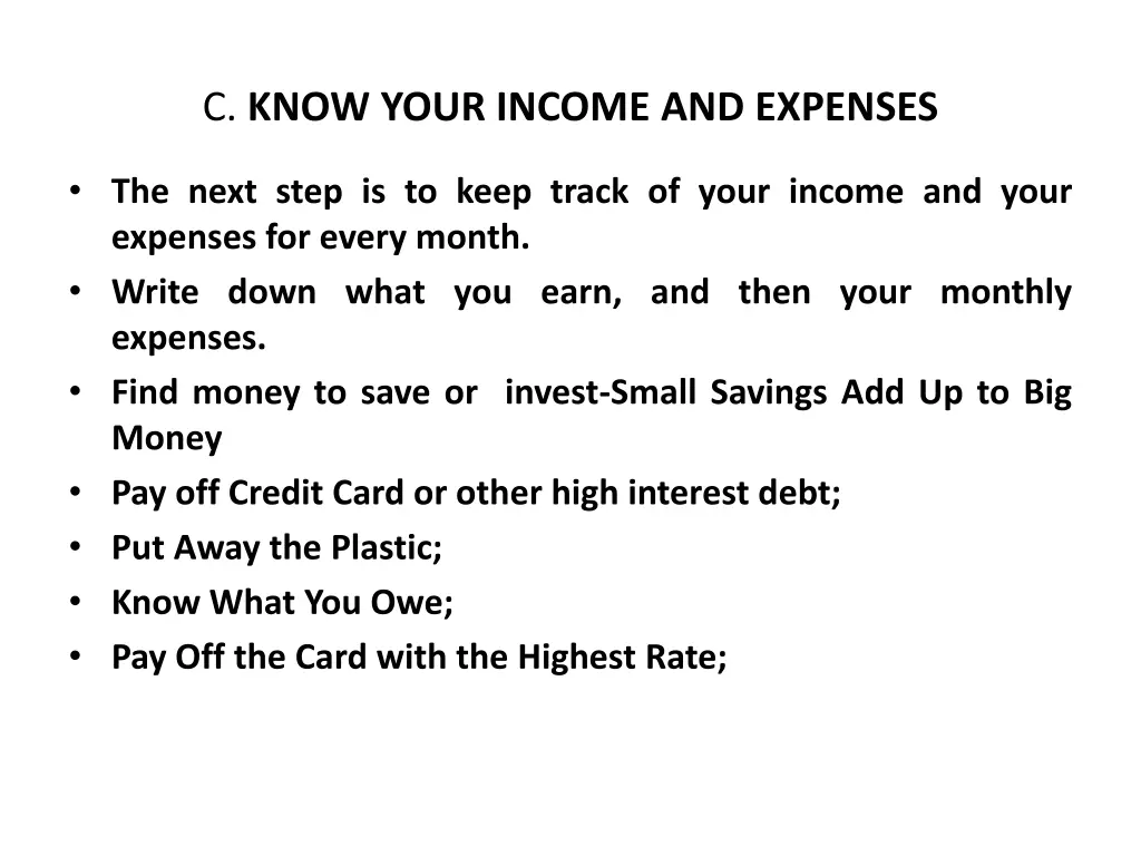c know your income and expenses