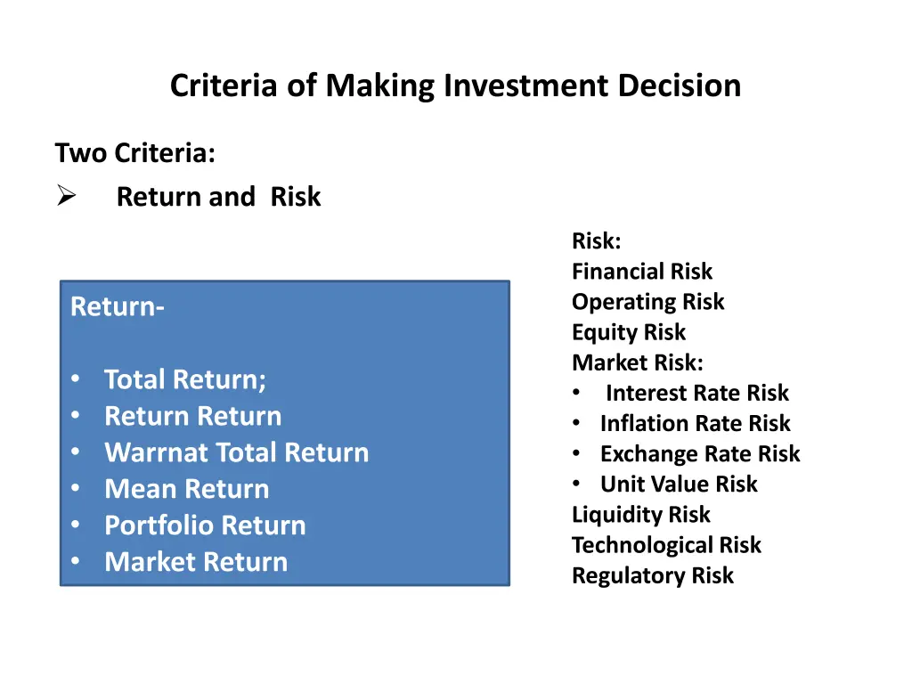 criteria of making investment decision