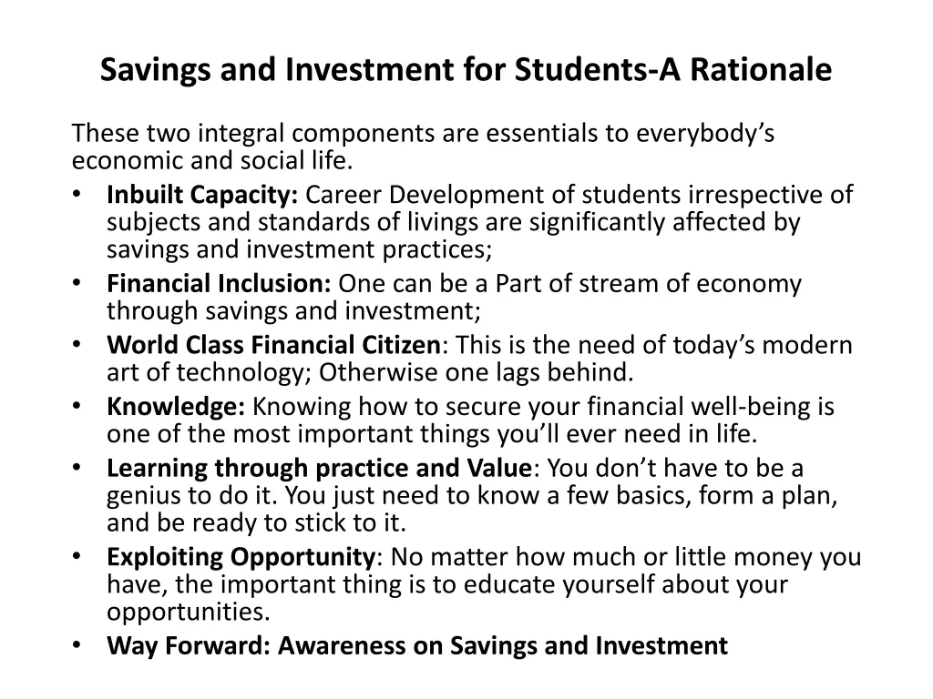 savings and investment for students a rationale