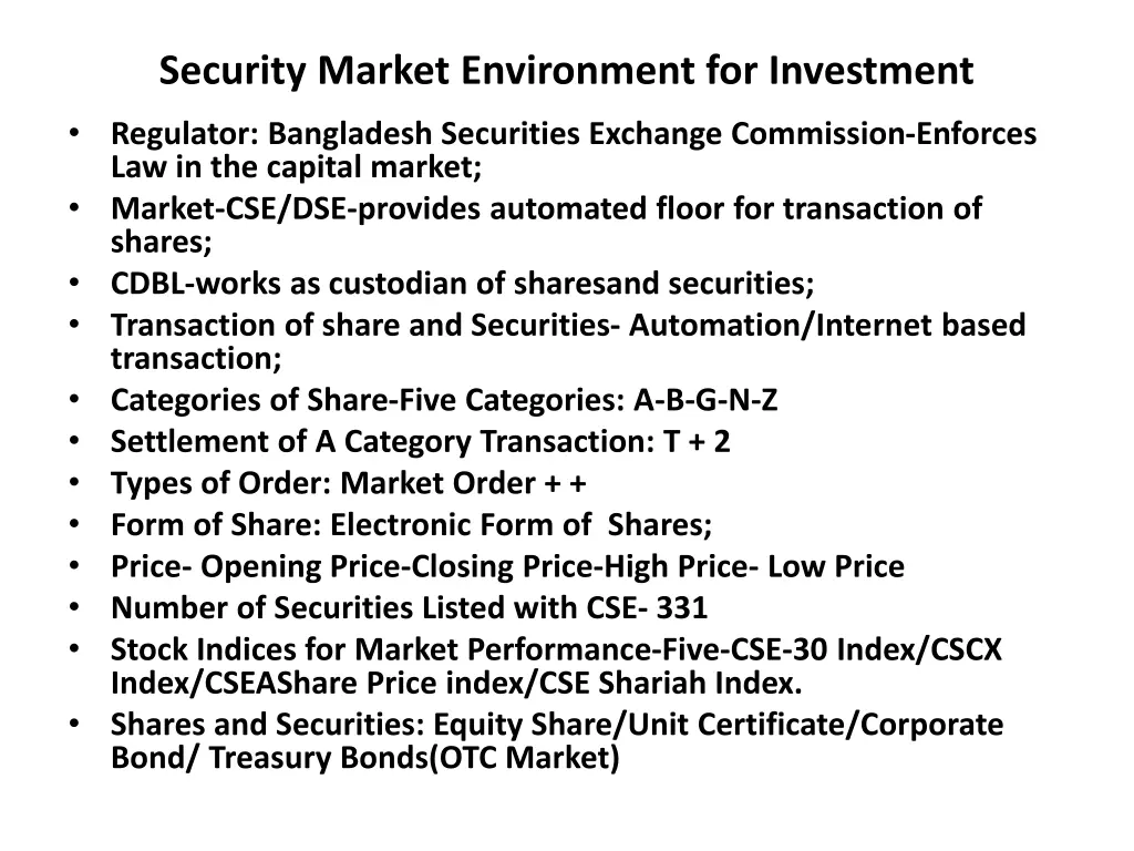 security market environment for investment