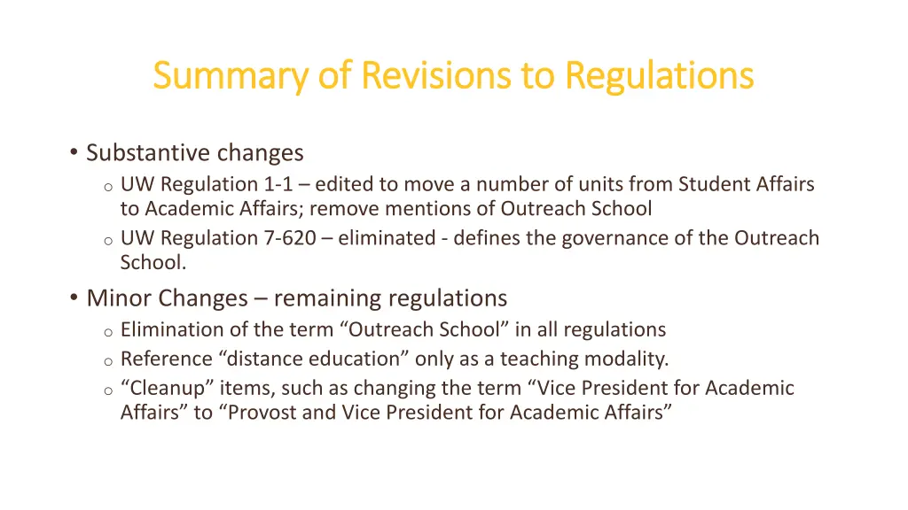 summary of revisions to regulations summary