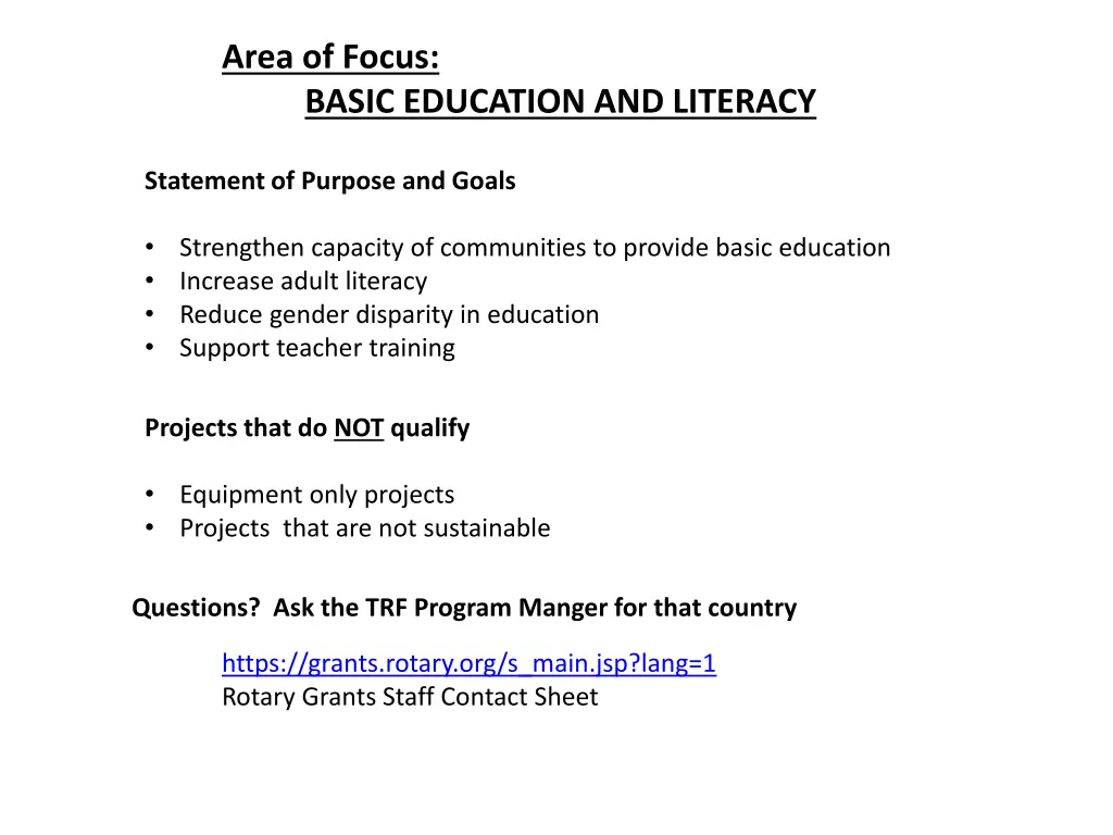 area of focus basic education and literacy