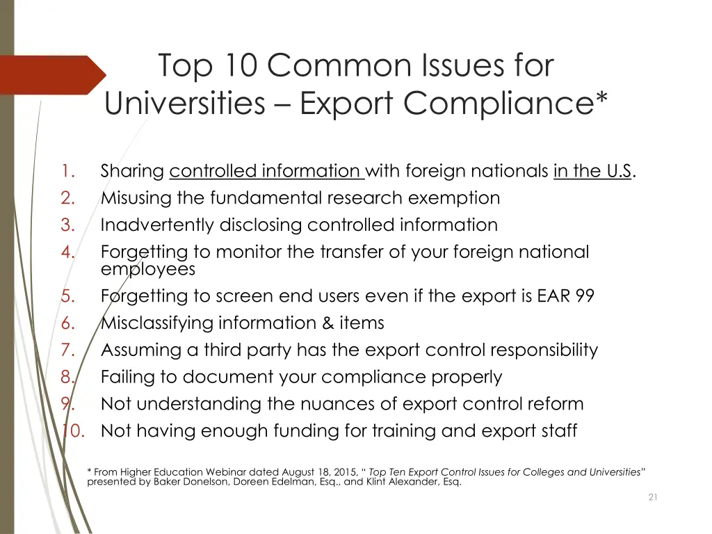 top 10 common issues for universities export