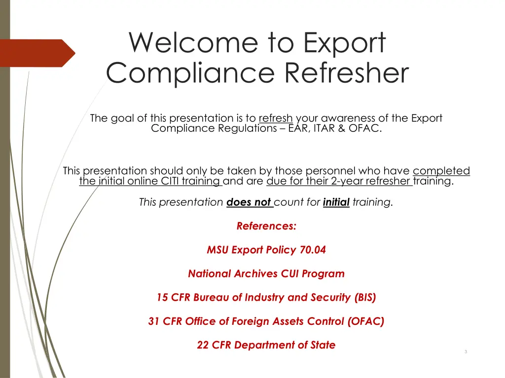 welcome to export compliance refresher