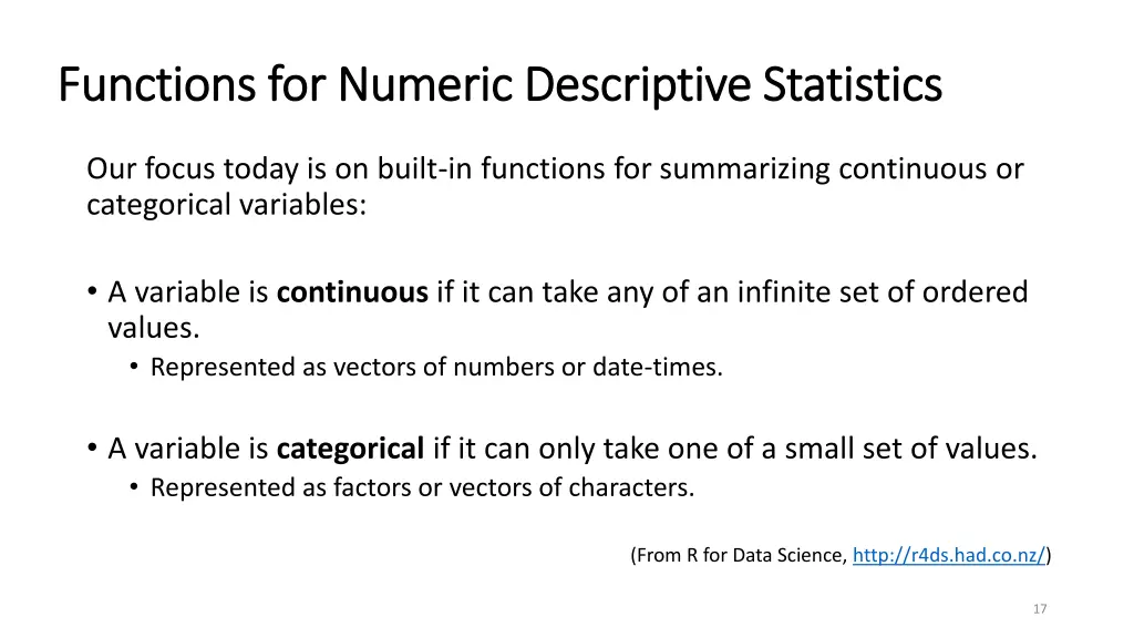 functions for numeric descriptive statistics