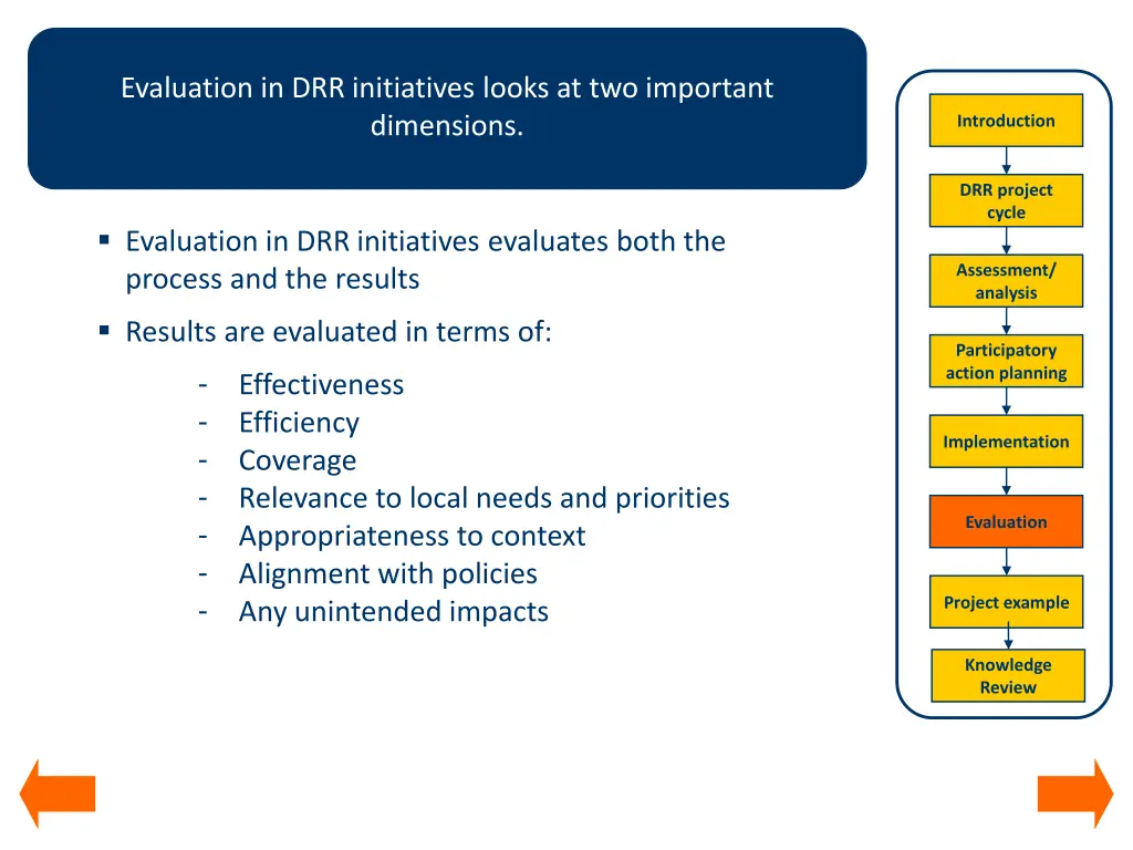evaluation in drr initiatives looks