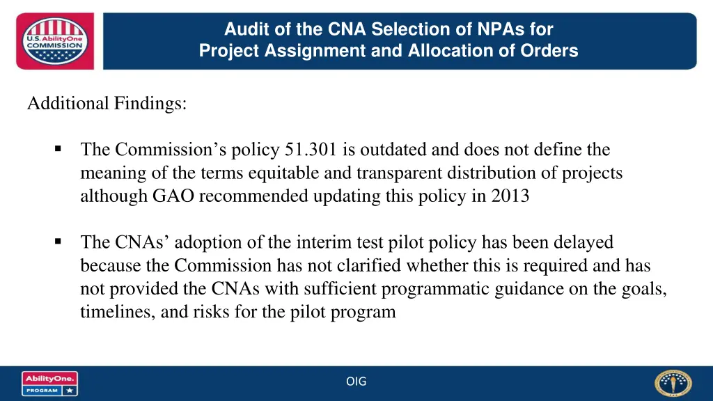 audit of the cna selection of npas for project 1