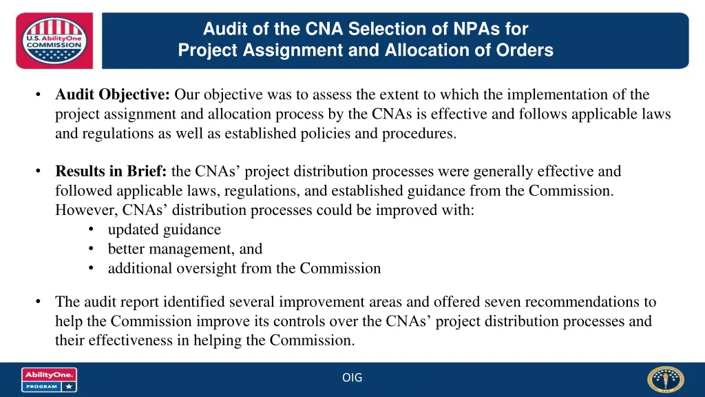 audit of the cna selection of npas for project