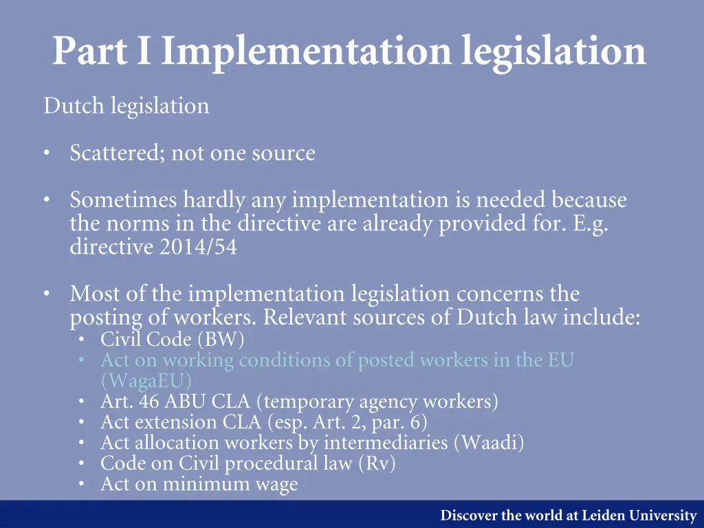 part i implementation legislation 1