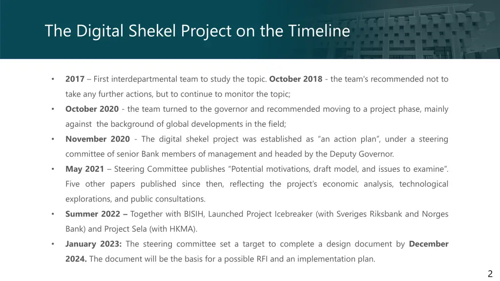 the digital shekel project on the timeline