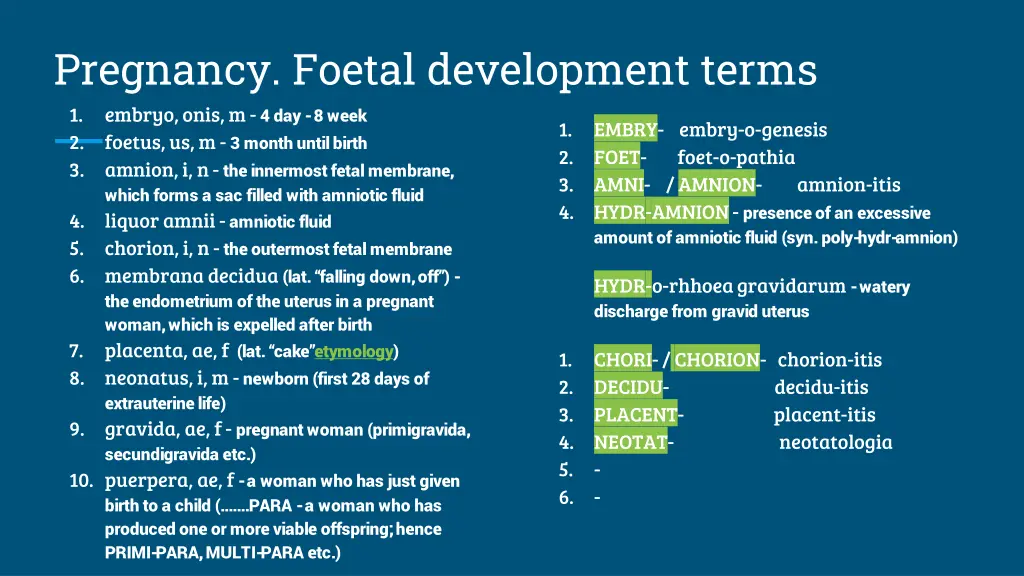 pregnancy foetal development terms 1 embryo onis
