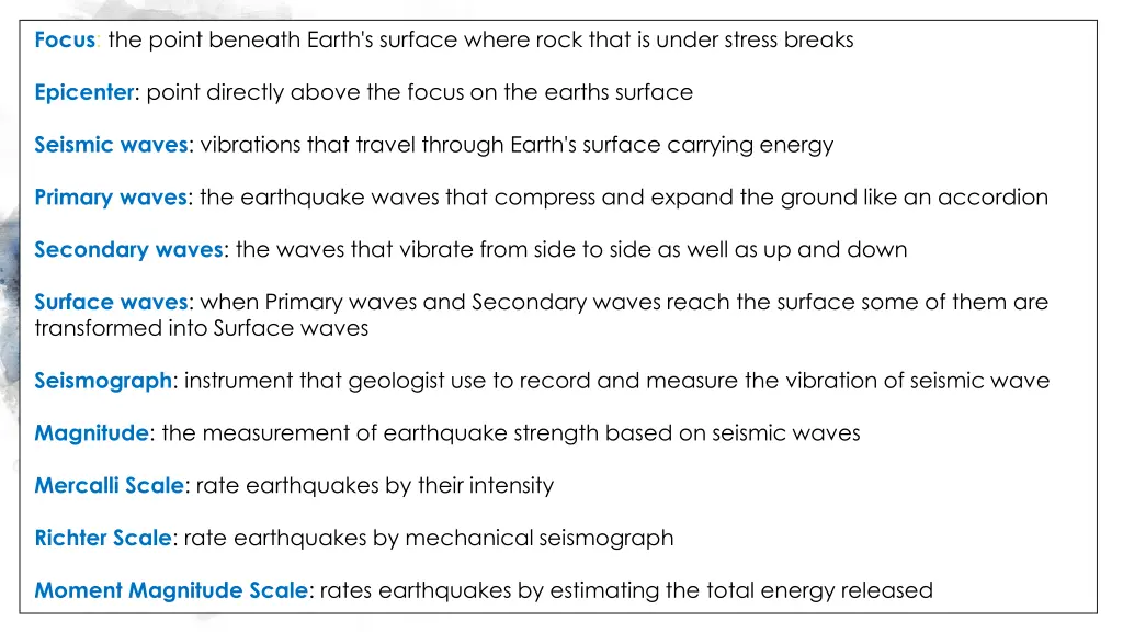 focus the point beneath earth s surface where