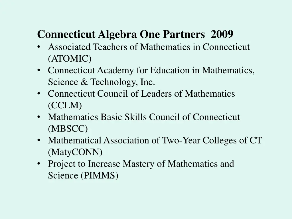 connecticut algebra one partners 2009 associated