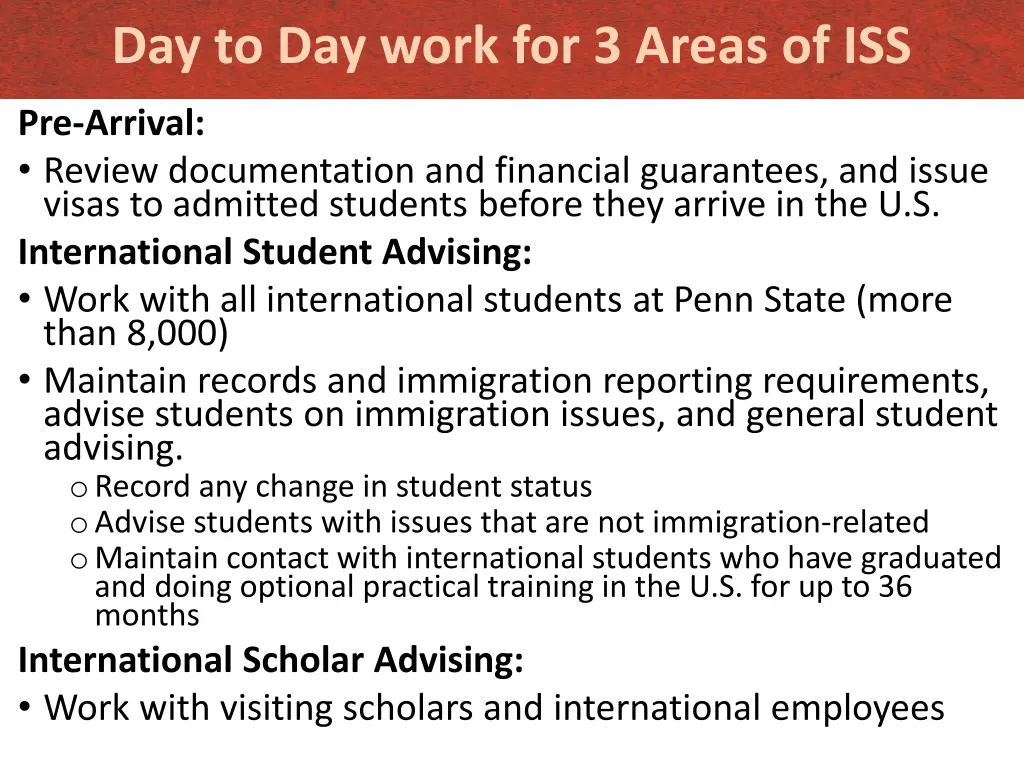 day to day work for 3 areas of iss