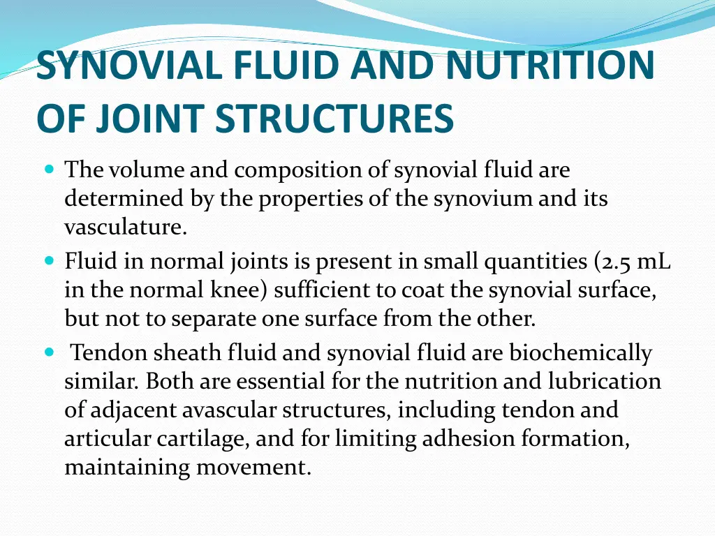 synovial fluid and nutrition of joint structures