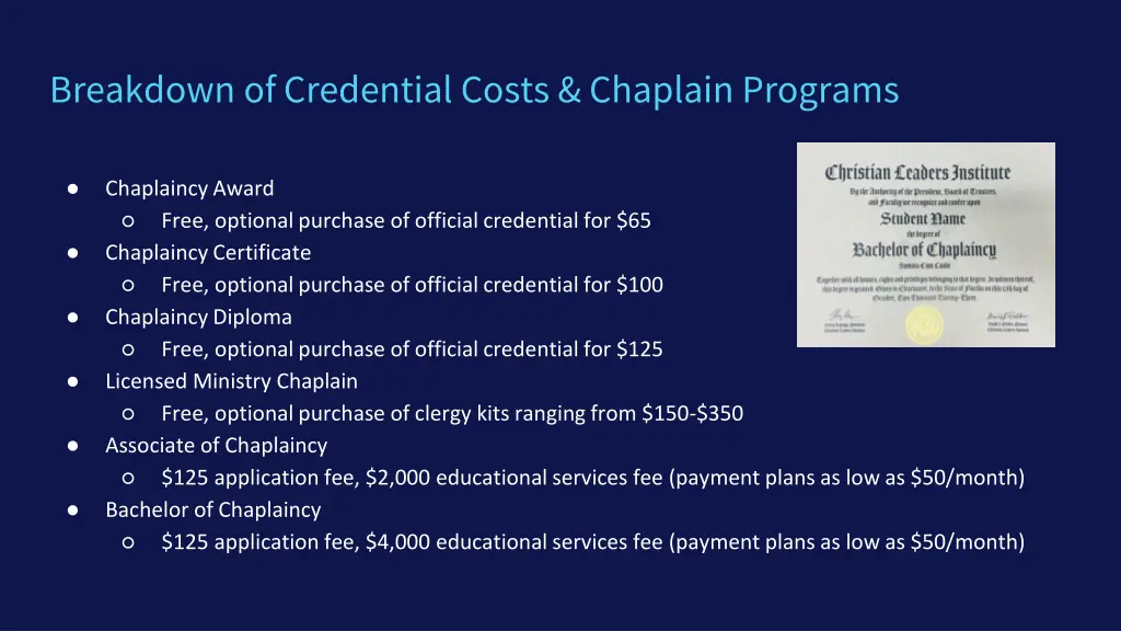 breakdown of credential costs chaplain programs