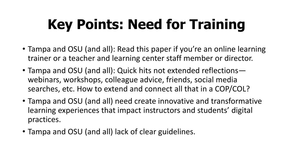 key points need for training