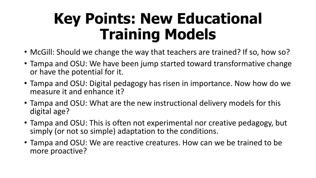 key points new educational training models