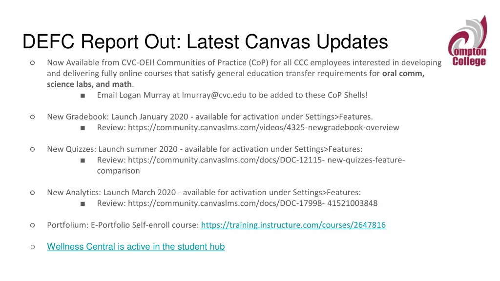 defc report out latest canvas updates