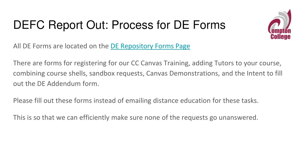 defc report out process for de forms