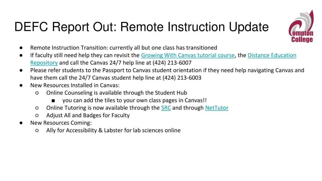 defc report out remote instruction update