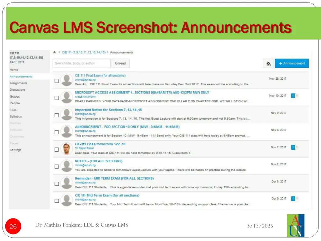 canvas lms screenshot announcements canvas
