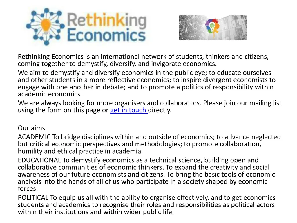 rethinking economics is an international network