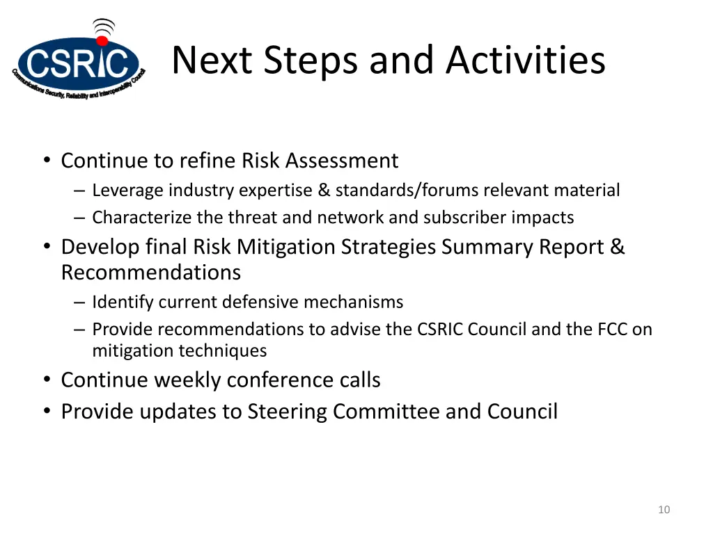 next steps and activities