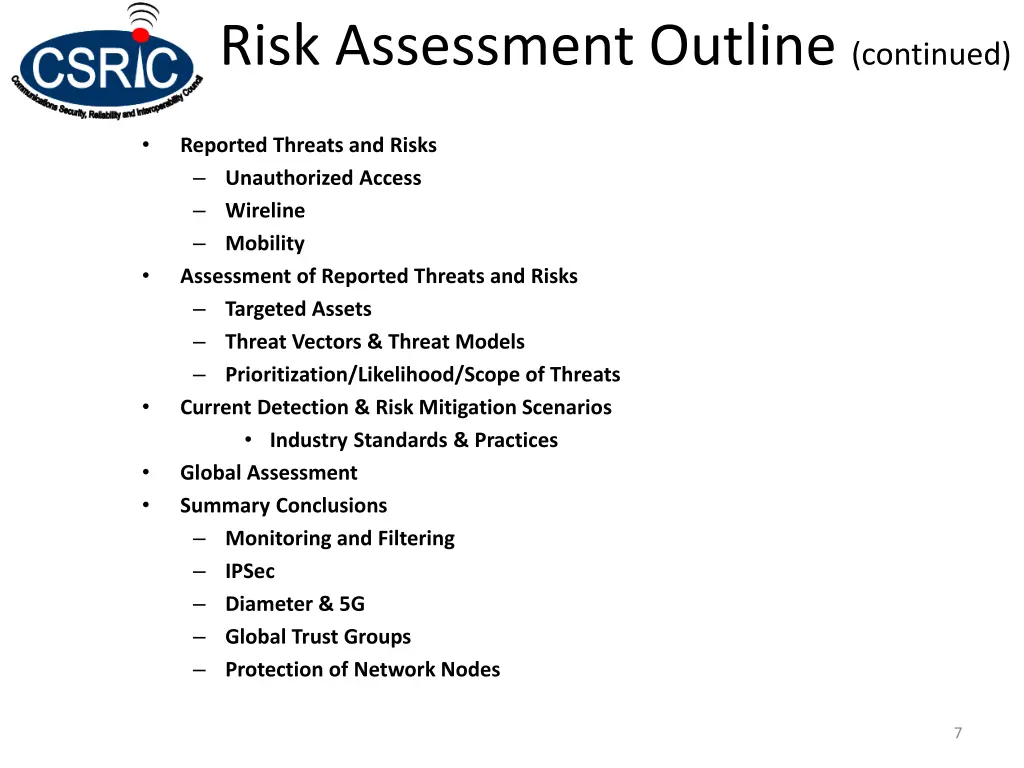 risk assessment outline continued
