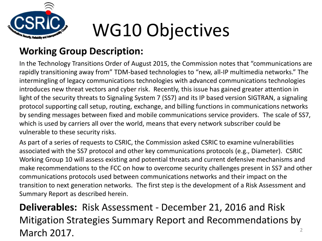 wg10 objectives