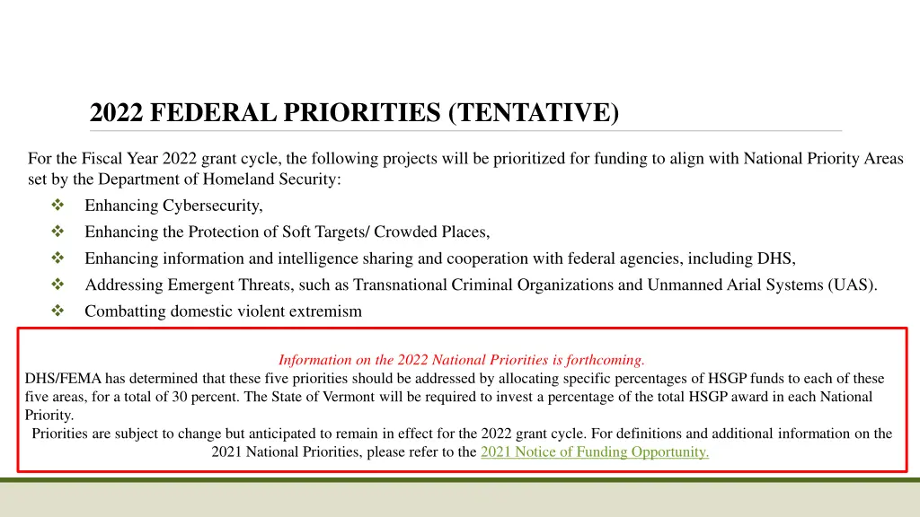 2022 federal priorities tentative