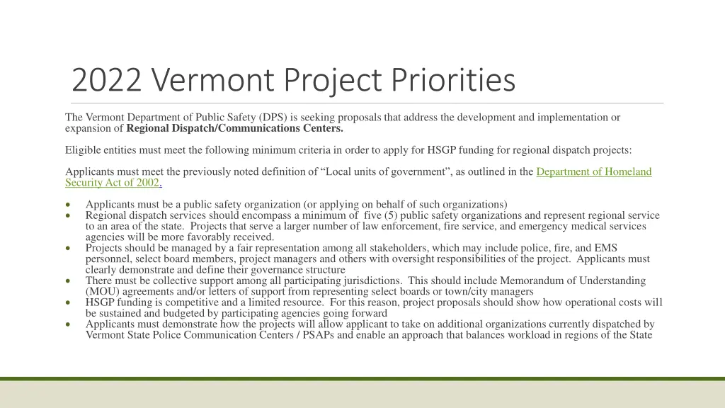 2022 vermont project priorities