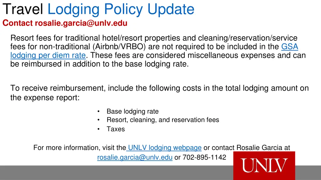 travel lodging policy update c ontact rosalie