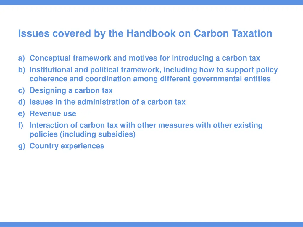 issues covered by the handbook on carbon taxation
