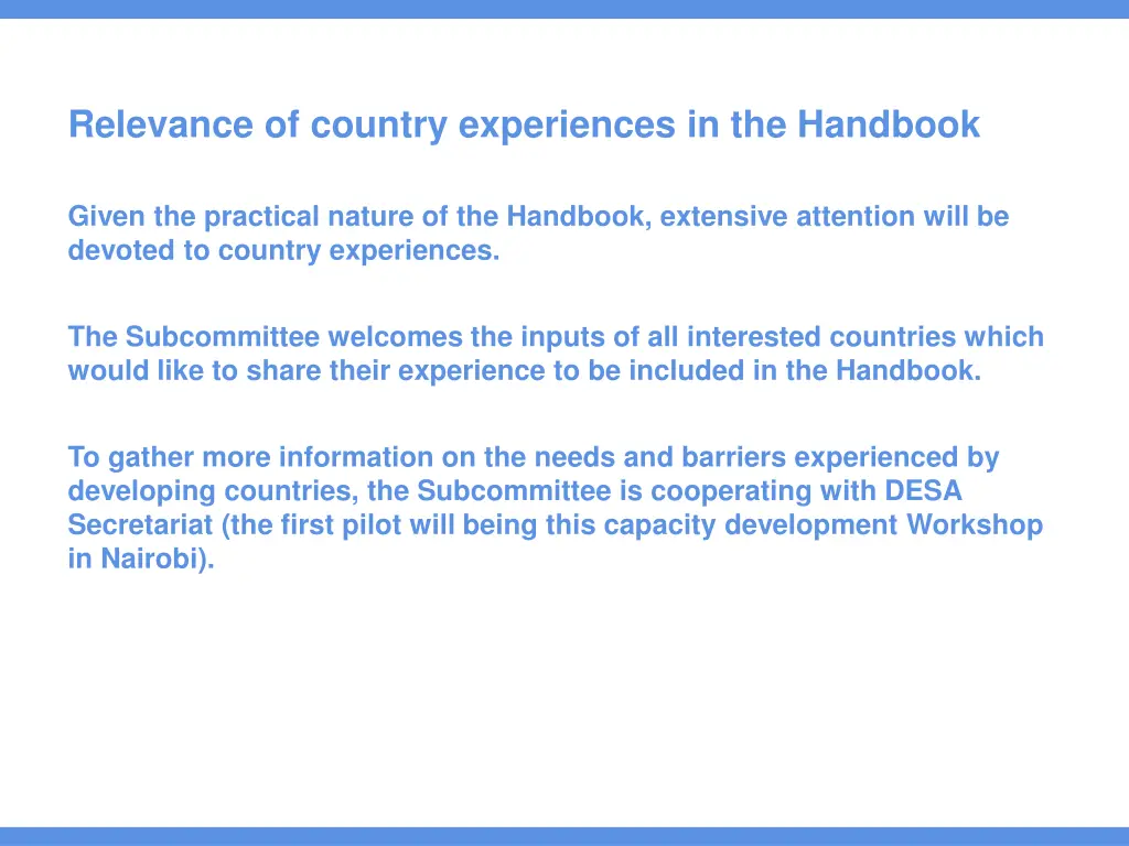 relevance of country experiences in the handbook