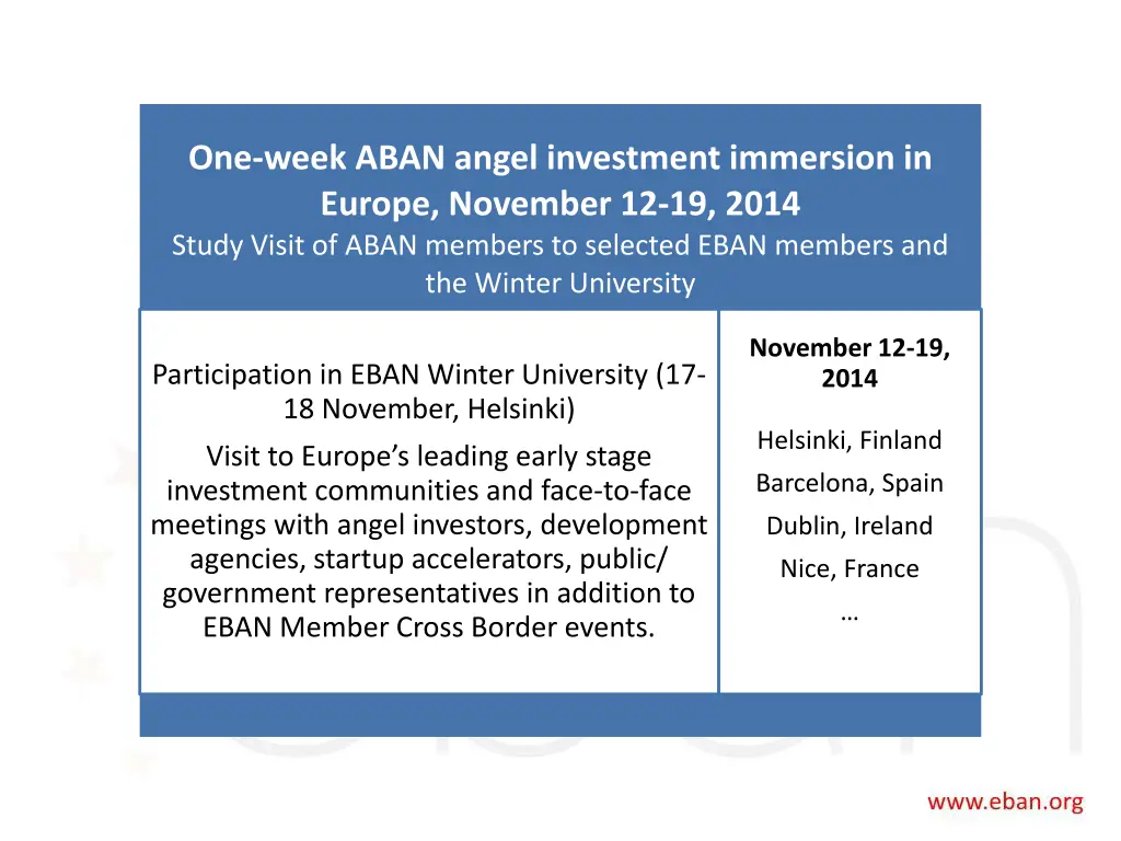 one week aban angel investment immersion