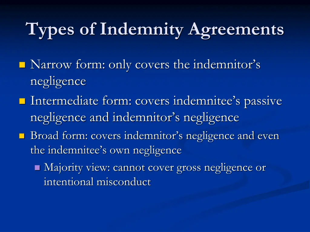 types of indemnity agreements